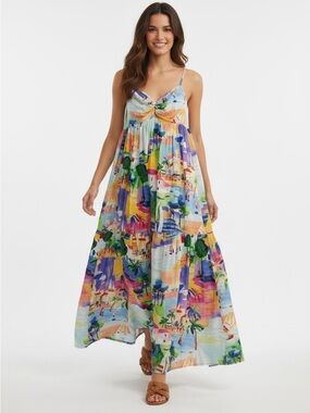 Scenic Coastal Sailboat Print Tiered Maxi Dress Multicolor Small Vacation Cruise